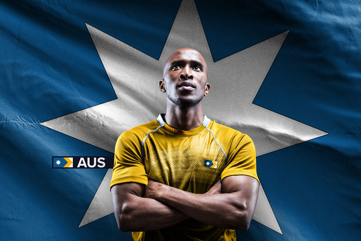 A rugby player with a gold jersey with the Unity Flag, standing in front of the federation star