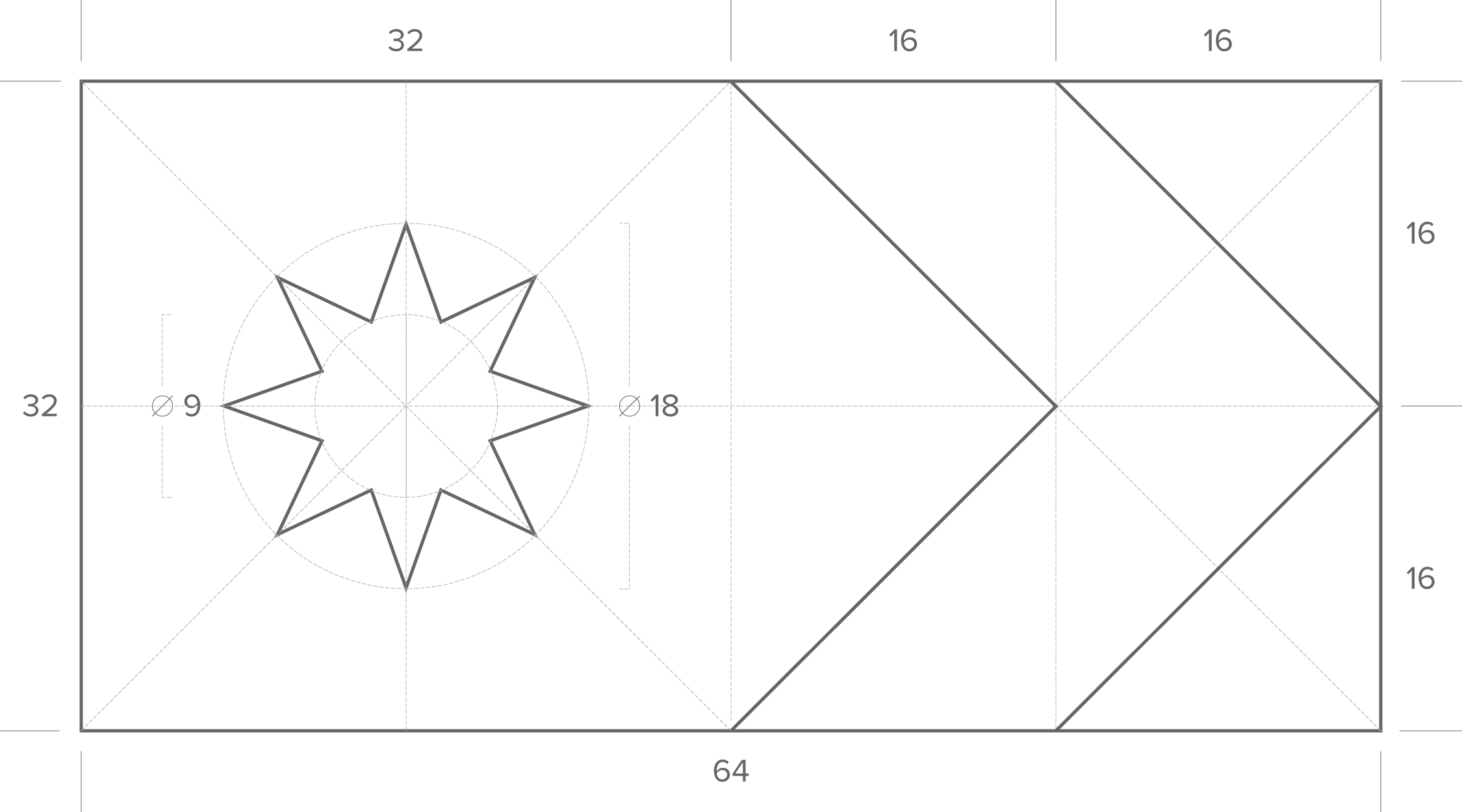 The Unity Flag Measurements - A 1:2 grid divided into two halves. In the left half, a centred eight pointed star, with an outer diameter of 18/32 and an inner diameter of 9/32. In the right half a chevron is drawn from left to right, one quarter the width of the flag, creating two triangles one quarter width and height, in the upper and lower right hand corners of the flag.